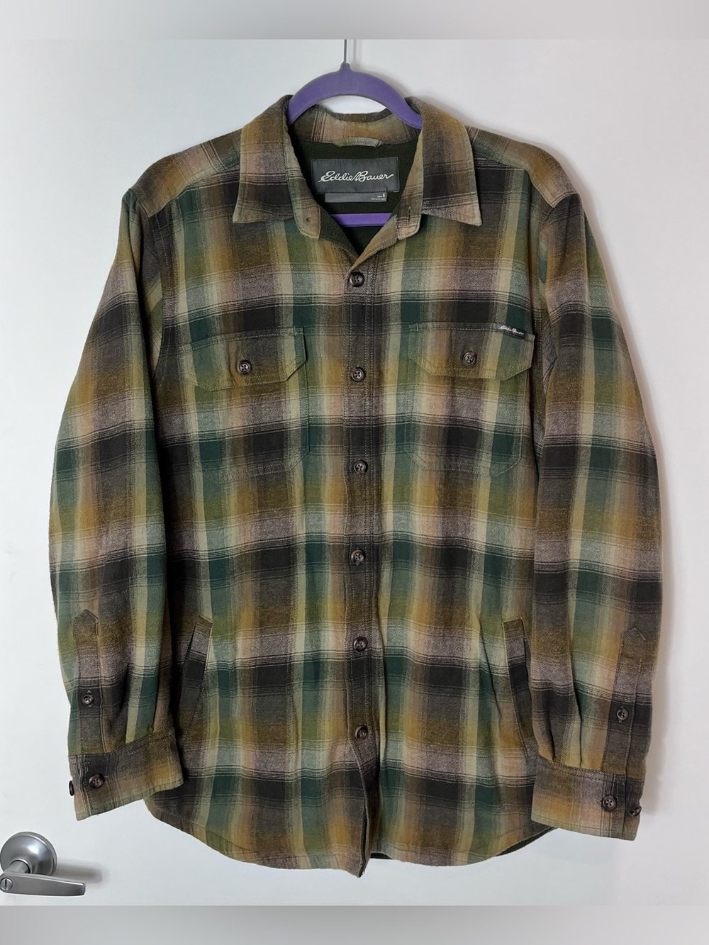 Eddie Bauer Men's Green Plaid Flannel Shacket Fleece Lined Shirt Small Green
